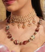 Layered combo necklace set with pearl choker and handpainted quartz necklace