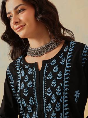 Hand embroidered black cotton lucknowi chikankari straight kurta 6
