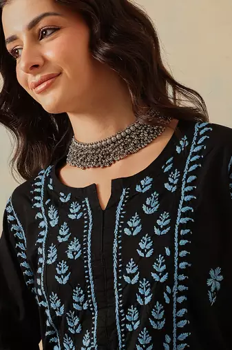 Hand embroidered black cotton lucknowi chikankari straight kurta