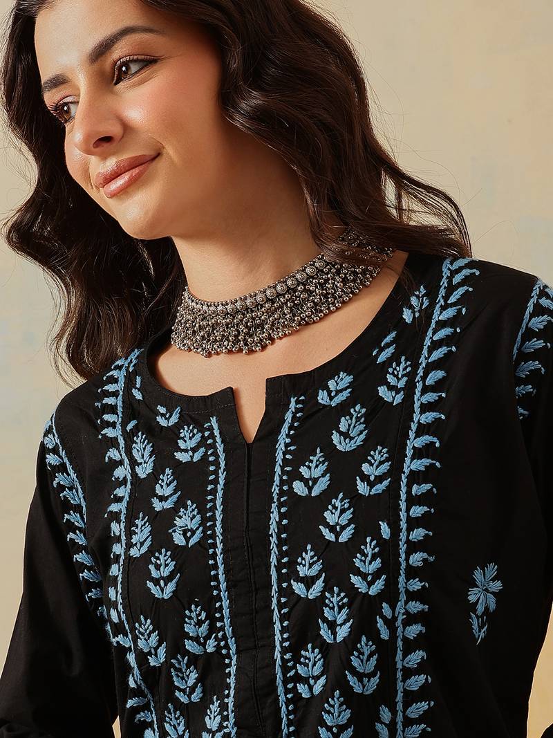 Hand embroidered black cotton lucknowi chikankari straight kurta