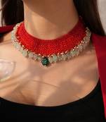 Manika red beaded necklace with semi-precious green stones
