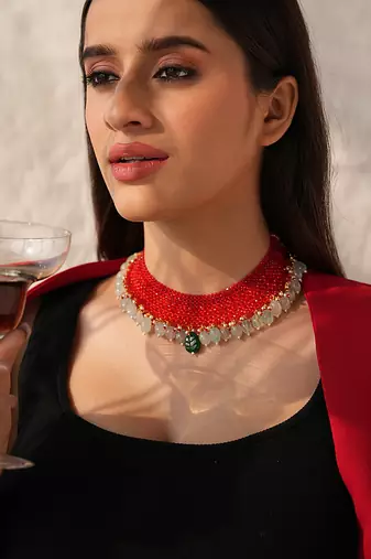 Manika red beaded necklace with semi-precious green stones