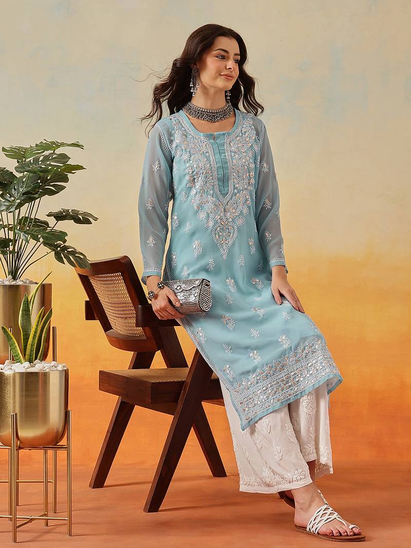 Hand embroidered blue georgette lucknow chikankari kurta and slip with gota patti work