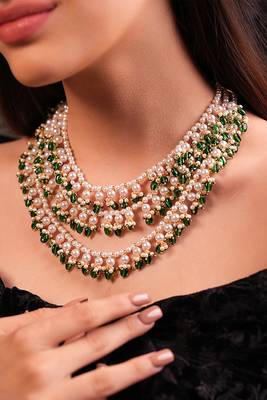 White pearls and green duldul beads layered necklace 1