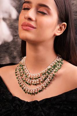 White pearls and green duldul beads layered necklace 3