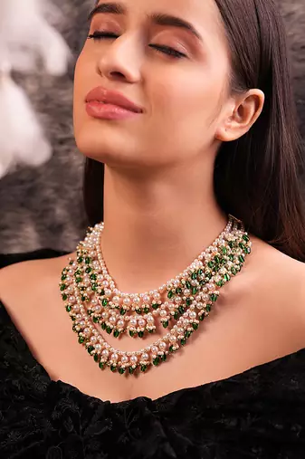 White pearls and green duldul beads layered necklace