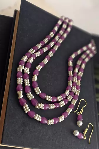 3-layered purple and white beads necklace set
