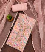 Peach unstitched sequence work organza dress material.