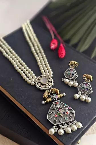 Long layered chain necklace with german silver pendant and pearls