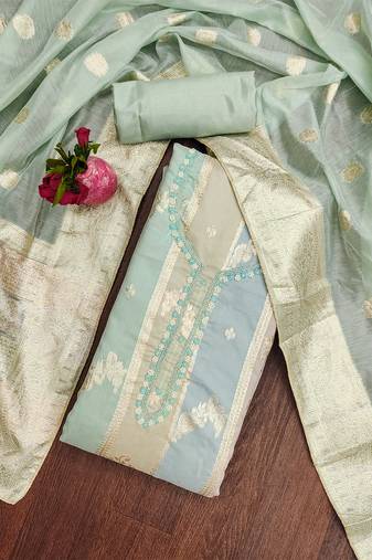 Sea green unstitched jari weaving work hand work banarasi jacquard dress material