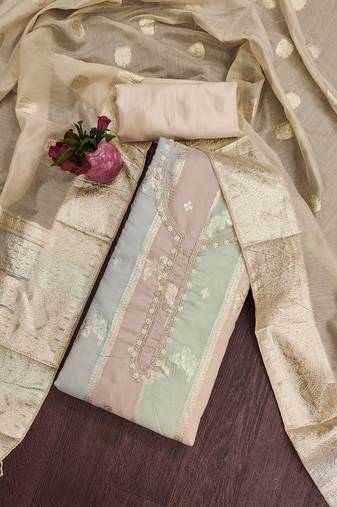 Beige unstitched jari weaving work hand work banarasi jacquard dress material