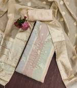 Beige unstitched jari weaving work hand work banarasi jacquard dress material