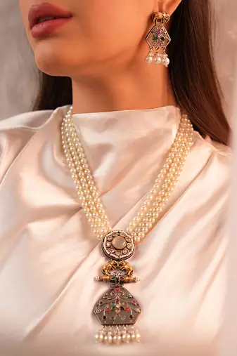 Long layered chain necklace with german silver pendant and pearls
