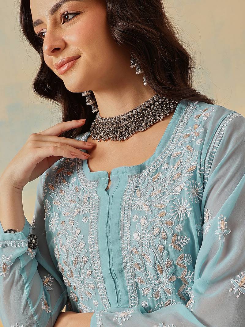 Hand embroidered blue georgette lucknow chikankari kurta and slip with gota patti work