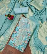 Teal blue unstitched stylish sequence work organza dress material