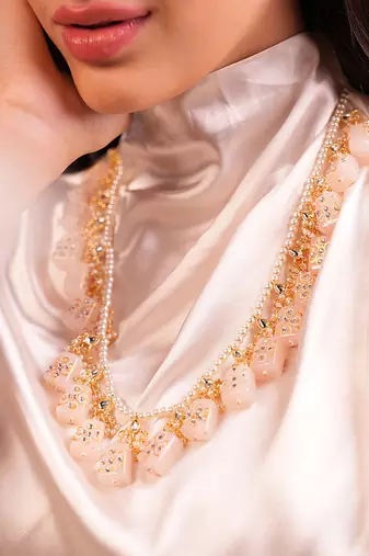 Pink handpinted quartz stone necklace set