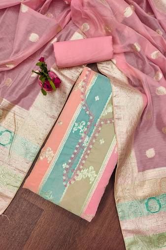   multi-toned jacquard suit set with Pink banarasi dupatta