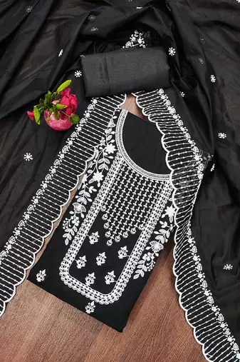 Timeless black chanderi cotton suit set with white thread embroidery