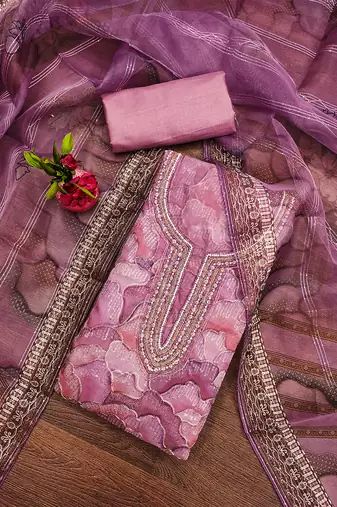   purple organza embroidered dress material set