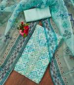 Mint blue embroidered organza dress material with printed dupatta