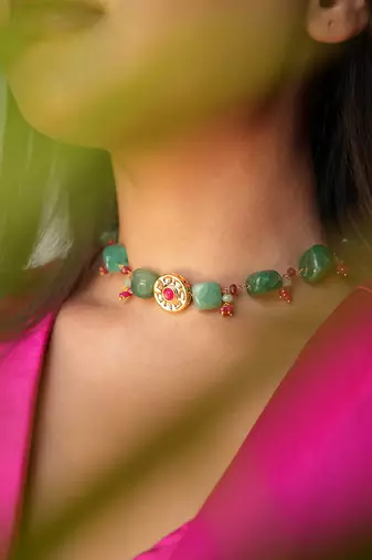Green stone and red bead choker