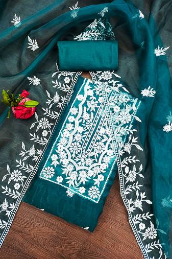 Serene teal organza embroidered suit set with white floral thread work