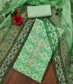 Green embroidered organza dress material with printed dupatta