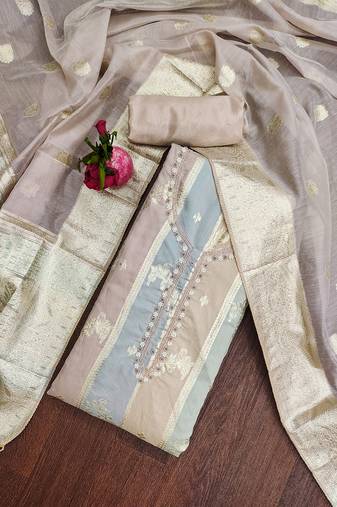 Light pink unstitched jari weaving work hand work banarasi jacquard dress material