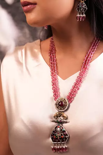 Pink hydro bead floral pendant necklace set