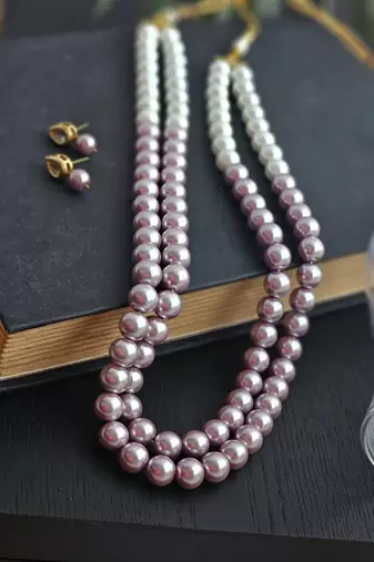 Roselle elegant double-strand semi-precious pearl necklace with kundan studded earrings and adjustable tassel