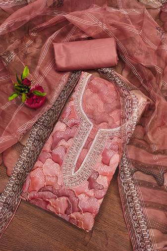   Peach organza embroidered dress material set