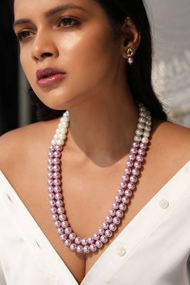 Roselle elegant double-strand semi-precious pearl necklace with kundan studded earrings and adjustable tassel 3