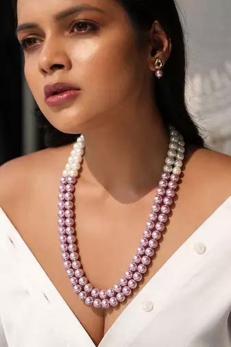 Roselle elegant double-strand semi-precious pearl necklace with kundan studded earrings and adjustable tassel