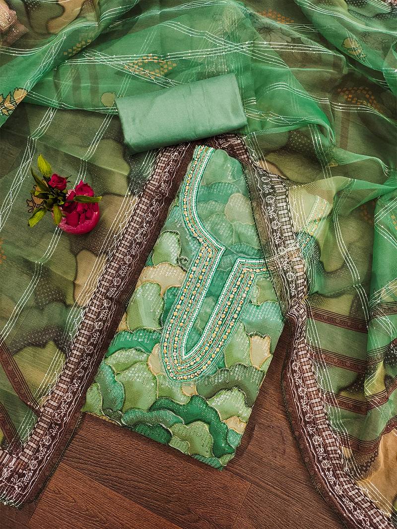   Green organza embroidered dress material set