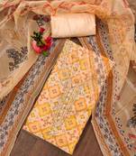 Orange embroidered organza dress material with printed dupatta