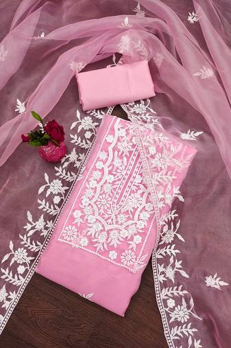 Serene pink organza embroidered suit set with white floral thread work
