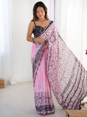 Beautiful pink chinon digital printed saree with blouse 2