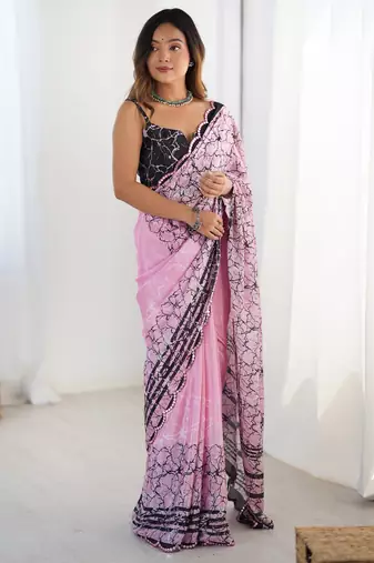Beautiful pink chinon digital printed saree with blouse
