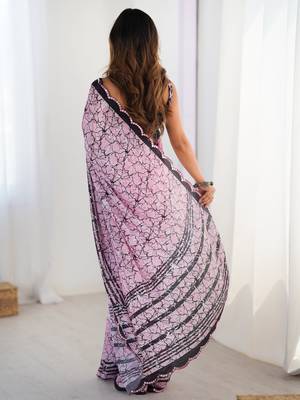 Beautiful pink chinon digital printed saree with blouse 4