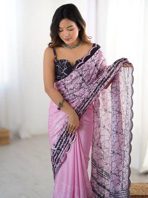 Beautiful pink chinon digital printed saree with blouse 5