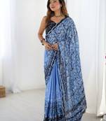 Elegant blue mirror cut work printed saree with blouse