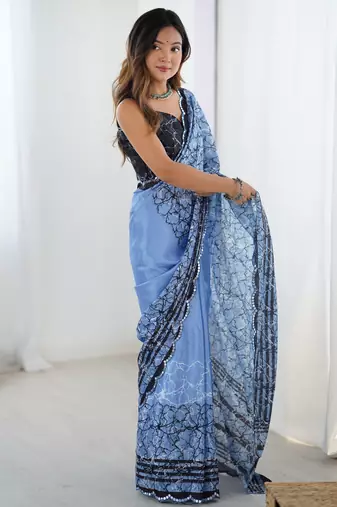 Elegant blue mirror cut work printed saree with blouse