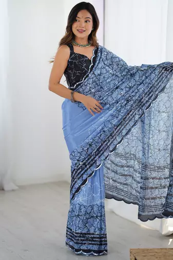 Elegant blue mirror cut work printed saree with blouse