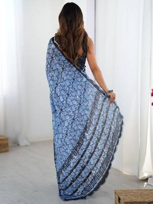 Elegant blue mirror cut work printed saree with blouse 4
