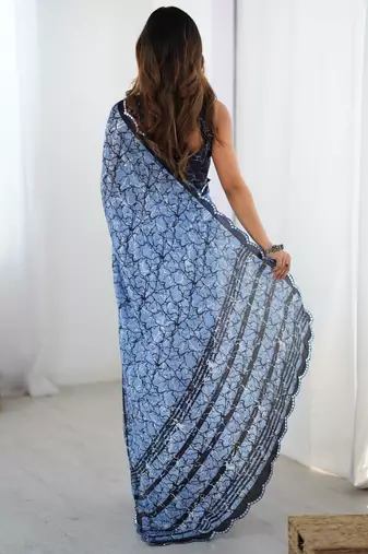 Elegant blue mirror cut work printed saree with blouse