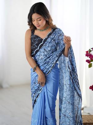 Elegant blue mirror cut work printed saree with blouse 5