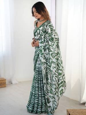 Lovely green printed designer saree with blouse 3