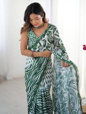 Lovely green printed designer saree with blouse 5