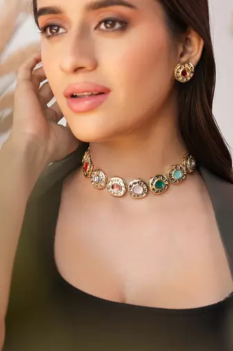 Kundan aura enamel & kundan gold-toned necklace