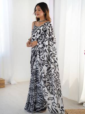 Gorgeous black chinon mirror cut work saree with blouse 3